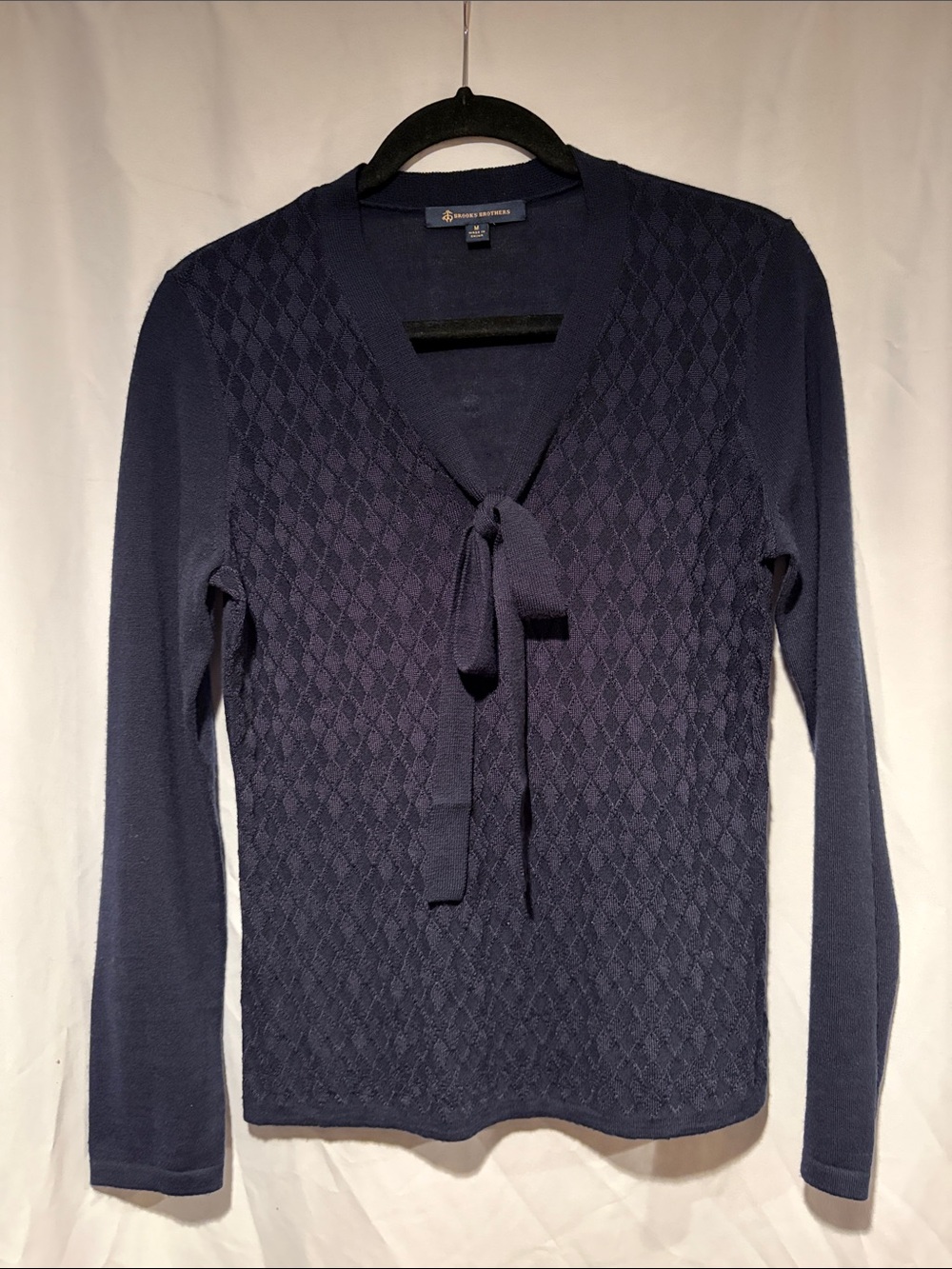 Brooks Brothers Navy Diamond-Knit Tie-Neck Long Sleeve Top